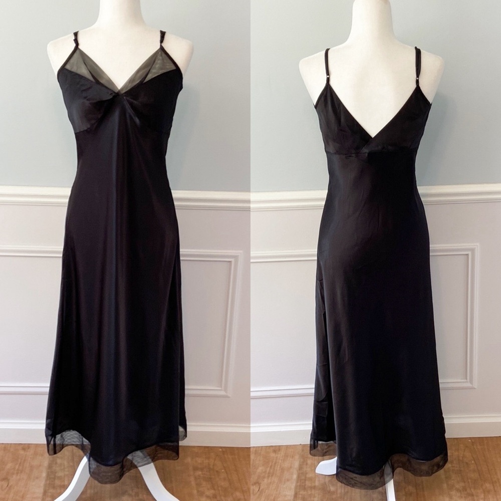 Cabernet Slip Dress Black Satin Mesh 90s 30s Style Bias Cut Pin Up Black Sz S - Picture 1 of 11